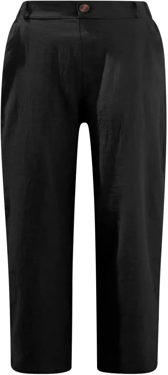 Capri Pants for Women Casual Summer Straight Elastic Waist Trousers Button Up Cotton Linen Cropped Comfy Beach Pants