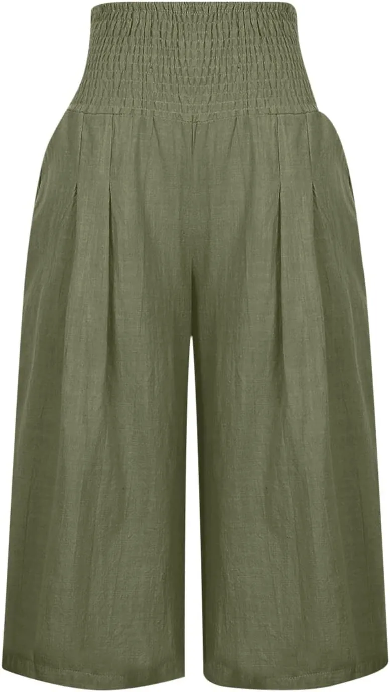 Capri Pants for Women Cotton Linen Summer Casual Wide Leg Capris Smocked High Waist Cropped Trousers with Pockets