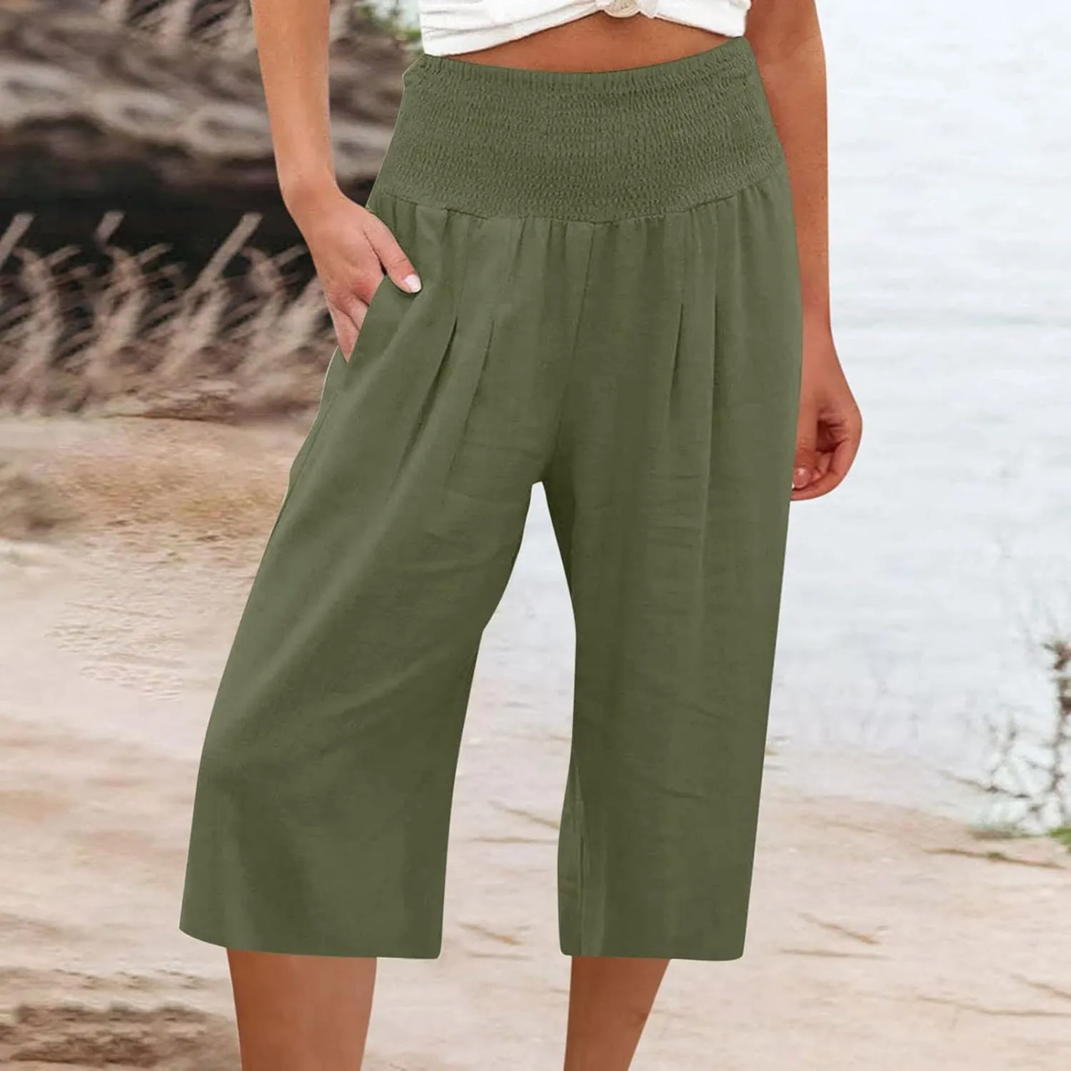 Capri Pants for Women Cotton Linen Summer Casual Wide Leg Capris Smocked High Waist Cropped Trousers with Pockets