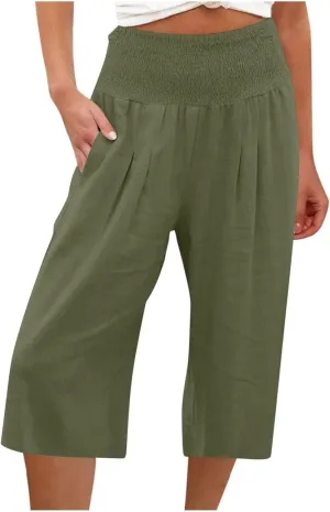 Capri Pants for Women Cotton Linen Summer Casual Wide Leg Capris Smocked High Waist Cropped Trousers with Pockets