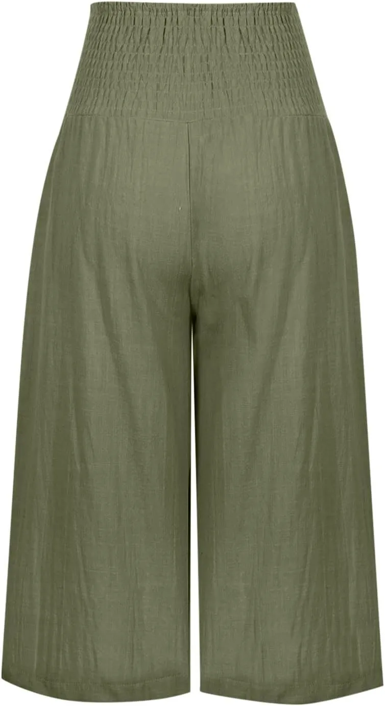 Capri Pants for Women Cotton Linen Summer Casual Wide Leg Capris Smocked High Waist Cropped Trousers with Pockets