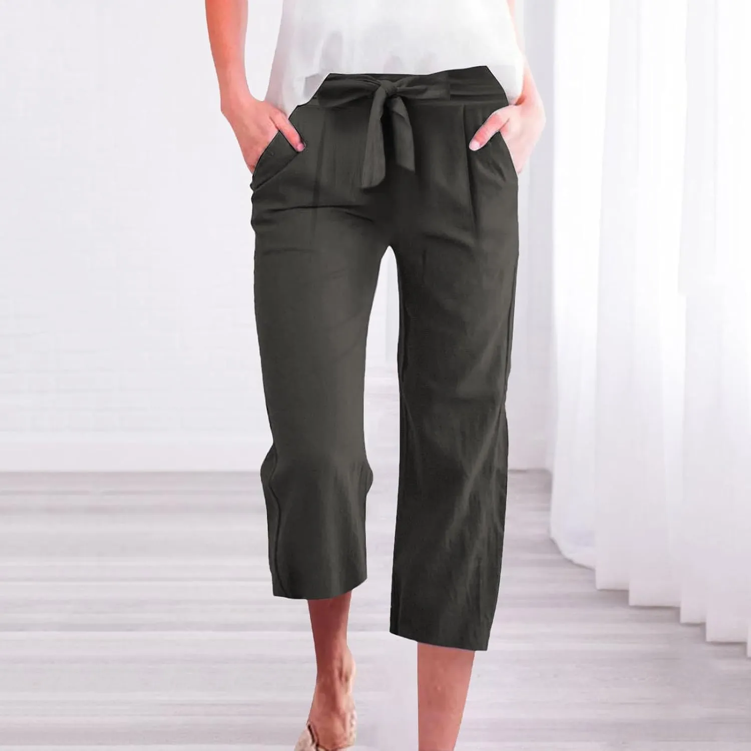 Capris Pants for Women Casual Summer Wide Leg Linen Pants Tie Belt Elastic Waist Beach Cropped Trousers with Pockets
