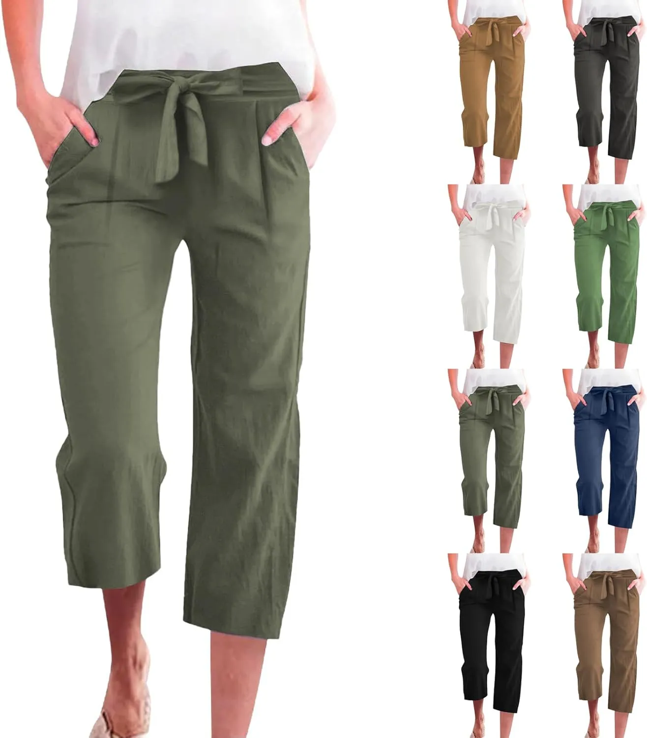 Capris Pants for Women Casual Summer Wide Leg Linen Pants Tie Belt Elastic Waist Beach Cropped Trousers with Pockets