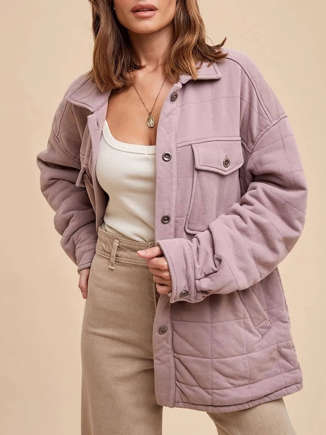 CHARTOU Women Winter Soft Plaid Cotton Coat Lapel Button Up Puffer Jacket Padded Oversized Top with Pockets
