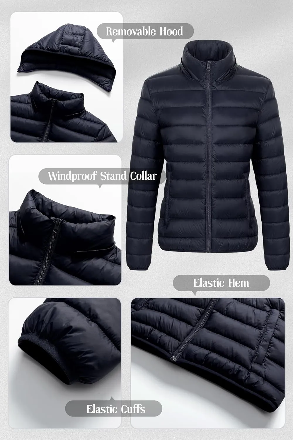 Chrisuno Women's Lightweight Short Puffer Jacket Packable Quilt Warm Winter Coat with Removable Hood
