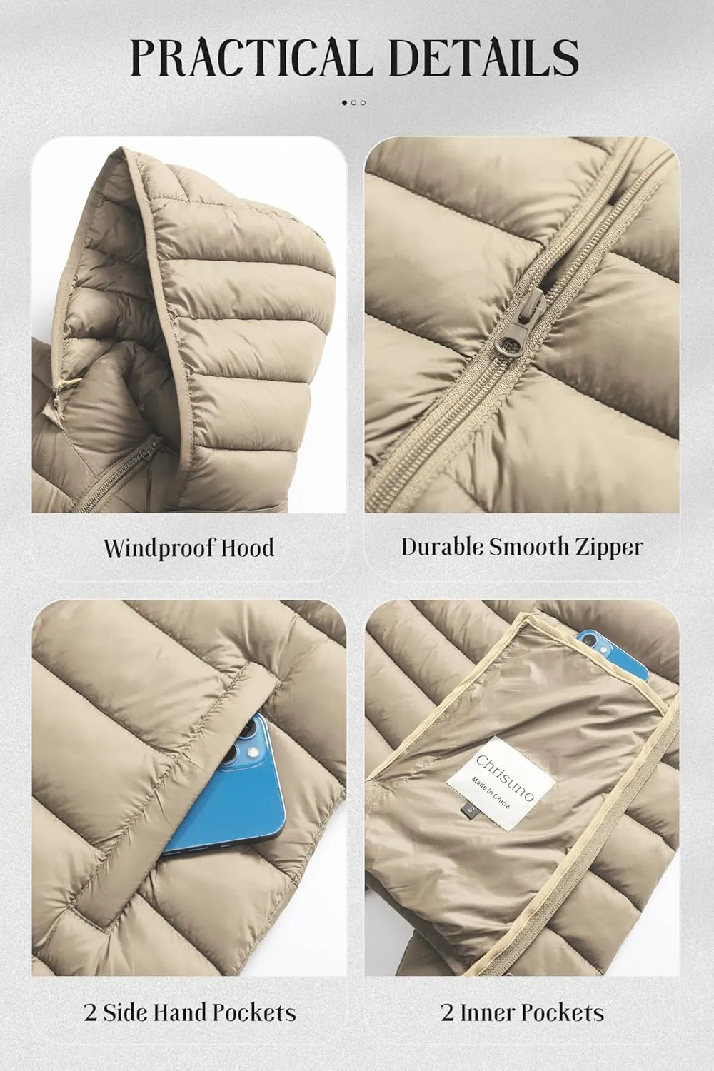 Chrisuno Women's Lightweight Short Puffer Jacket Packable Quilt Warm Winter Coat with Removable Hood