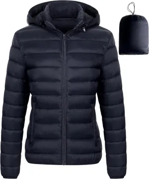 Chrisuno Women's Lightweight Short Puffer Jacket Packable Quilt Warm Winter Coat with Removable Hood
