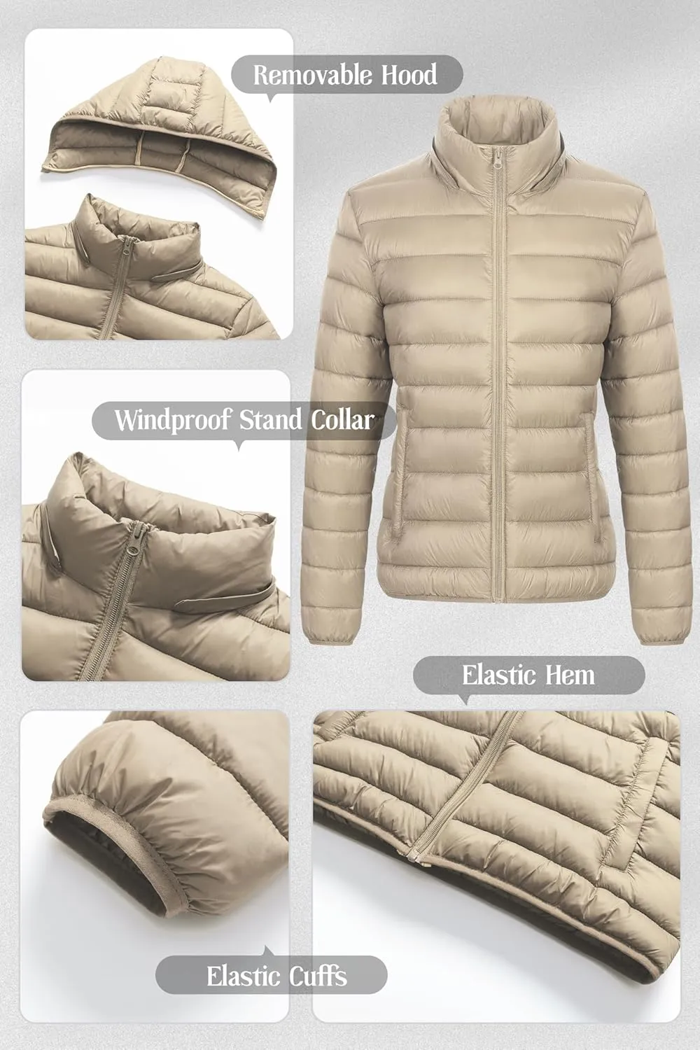Chrisuno Women's Lightweight Short Puffer Jacket Packable Quilt Warm Winter Coat with Removable Hood