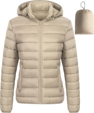Chrisuno Women's Lightweight Short Puffer Jacket Packable Quilt Warm Winter Coat with Removable Hood