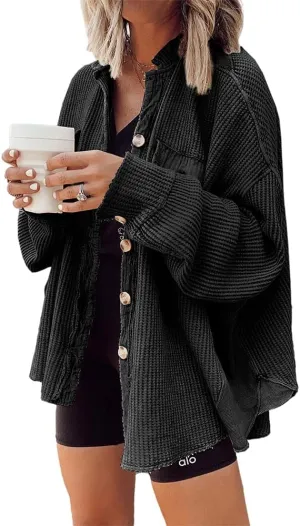 Chvity Shacket Jacket Women Waffle Knit Cardigan Tops Long Sleeve Button Down Blouse Casual Loose Fit