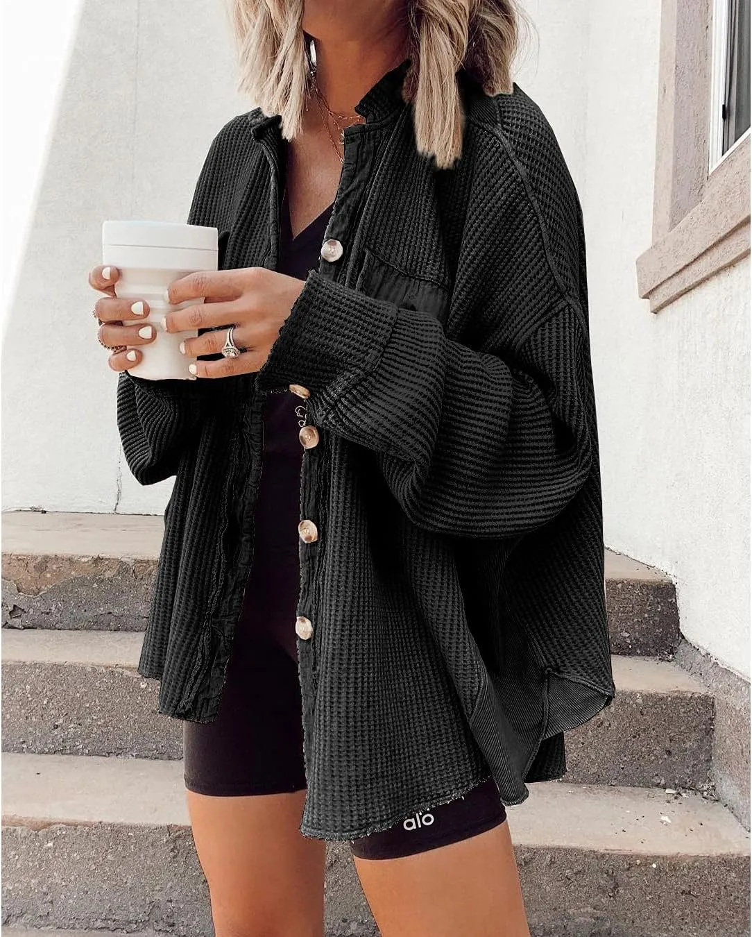 Chvity Shacket Jacket Women Waffle Knit Cardigan Tops Long Sleeve Button Down Blouse Casual Loose Fit