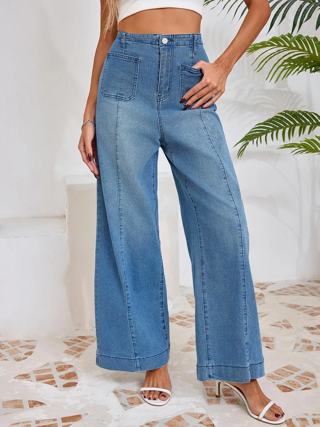 Cicy Bell Womens Wide Leg Flare Jeans Casual Baggy High Waisted Stretchy Trendy Front Seam Denim Pants