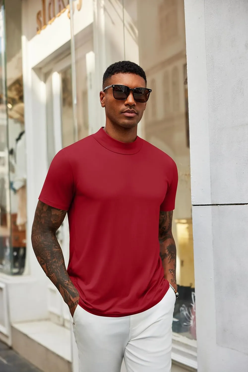 COOFANDY Men's Mock Turtleneck T Shirt Short Sleeve Slim Fit Basic Casual Undershirt Solid Color Pullover Tee