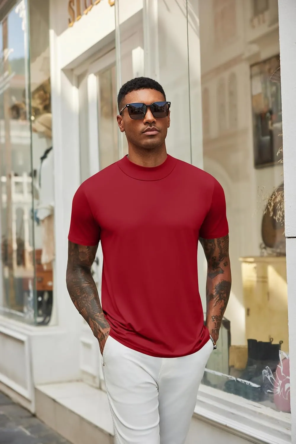 COOFANDY Men's Mock Turtleneck T Shirt Short Sleeve Slim Fit Basic Casual Undershirt Solid Color Pullover Tee