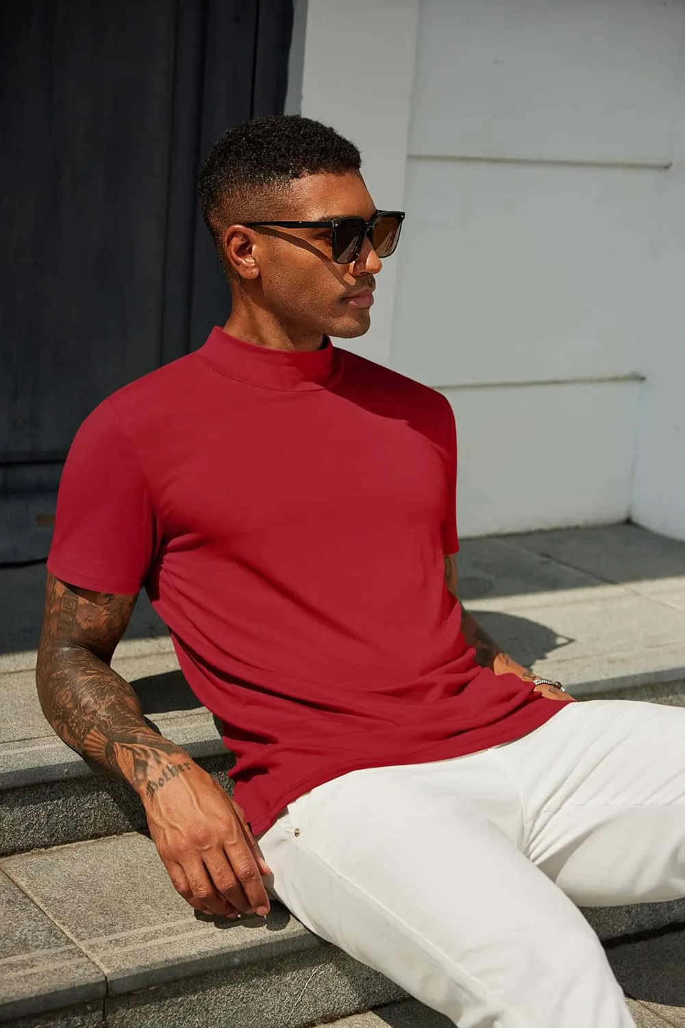 COOFANDY Men's Mock Turtleneck T Shirt Short Sleeve Slim Fit Basic Casual Undershirt Solid Color Pullover Tee