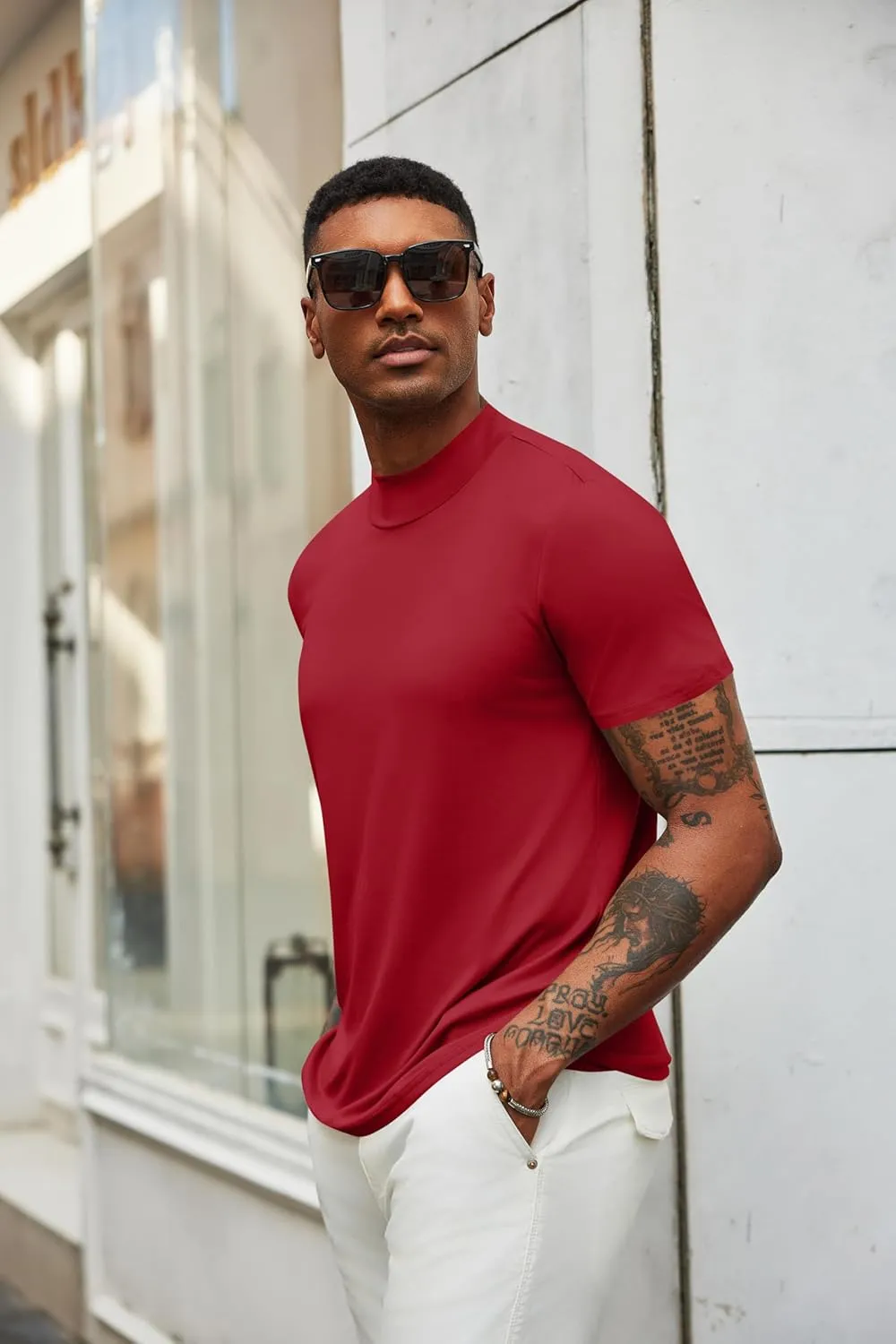 COOFANDY Men's Mock Turtleneck T Shirt Short Sleeve Slim Fit Basic Casual Undershirt Solid Color Pullover Tee