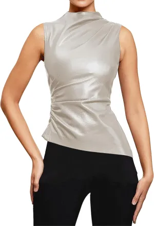 CORIRESHA Women's Faux Leather Pleated Sleeveless Asymmetrical Mock Neck Slim Tank Top