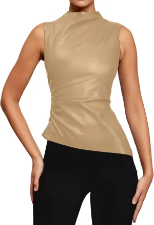 CORIRESHA Women's Faux Leather Pleated Sleeveless Asymmetrical Mock Neck Slim Tank Top