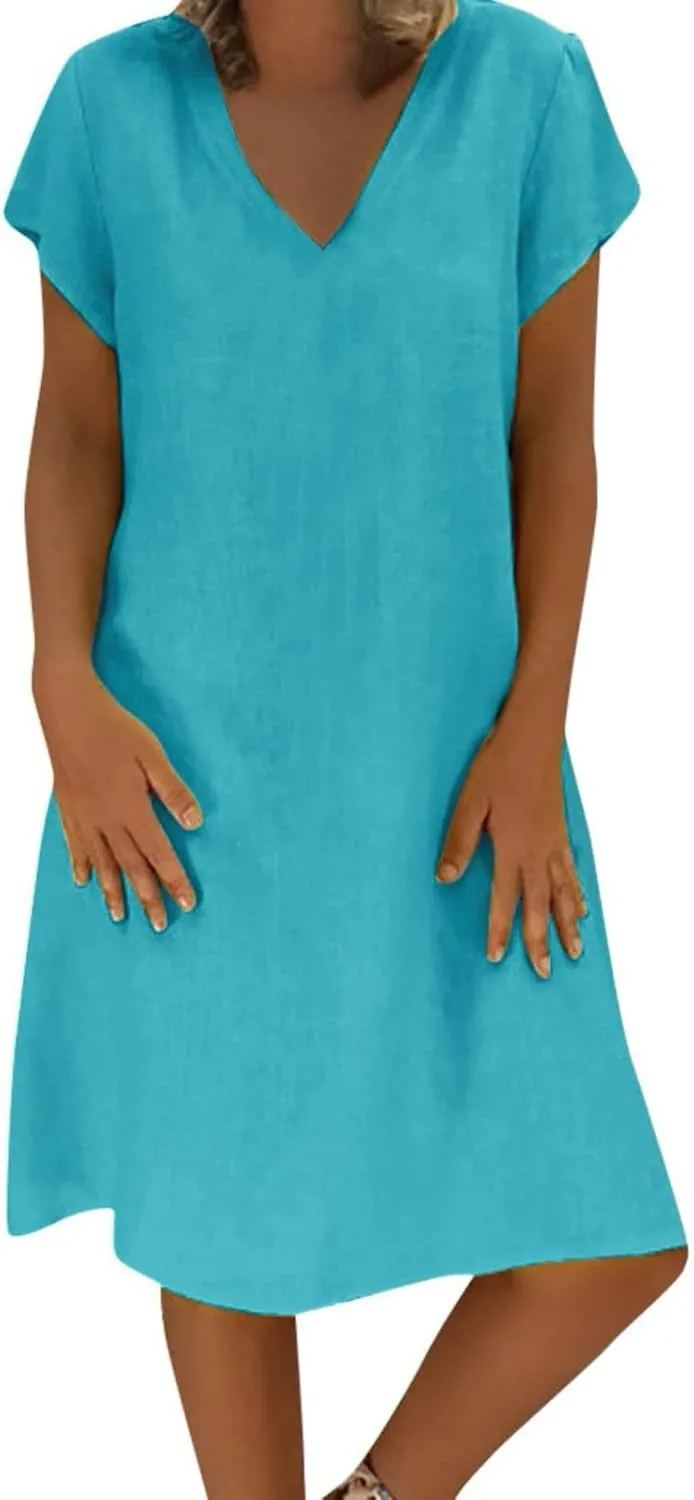 Cotton Dresses for Women 2025 Summer Short Sleeve Beach Vacation Outfits Elegant Flowy Loose Comfy Sundress