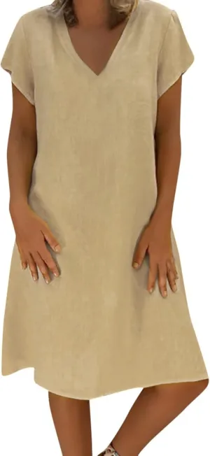 Cotton Dresses for Women 2025 Summer Short Sleeve Beach Vacation Outfits Elegant Flowy Loose Comfy Sundress