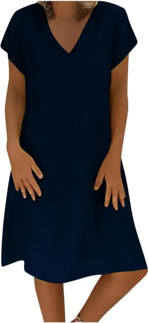 Cotton Dresses for Women 2025 Summer Short Sleeve Beach Vacation Outfits Elegant Flowy Loose Comfy Sundress