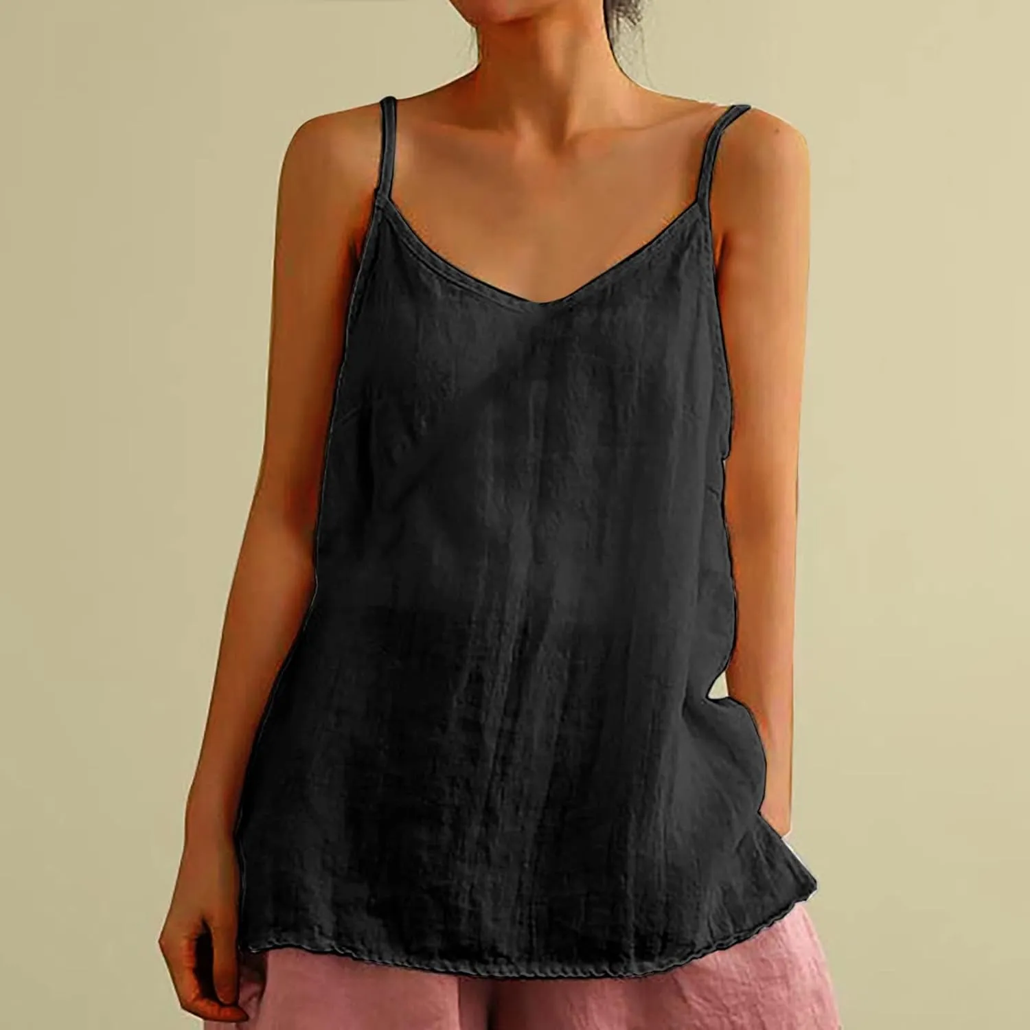 Cotton Linen Camisole Tops for Women Summer Lightweight Spaghetti Strap Tank Top Boat Neck Sleeveless Cami Shirts