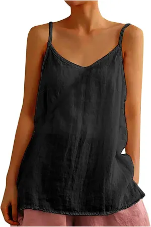 Cotton Linen Camisole Tops for Women Summer Lightweight Spaghetti Strap Tank Top Boat Neck Sleeveless Cami Shirts