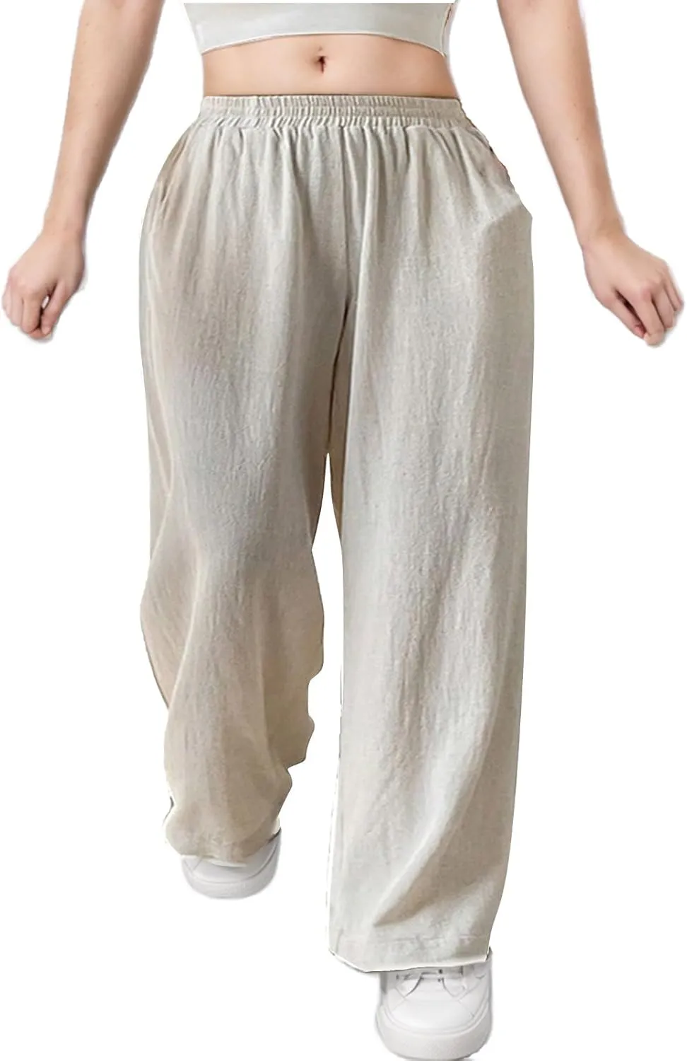 Cotton Linen Pants for Women Straight Wide Leg High Waist Trousers Pull-on Loose Casual Lounge Pants Solid Color 2025