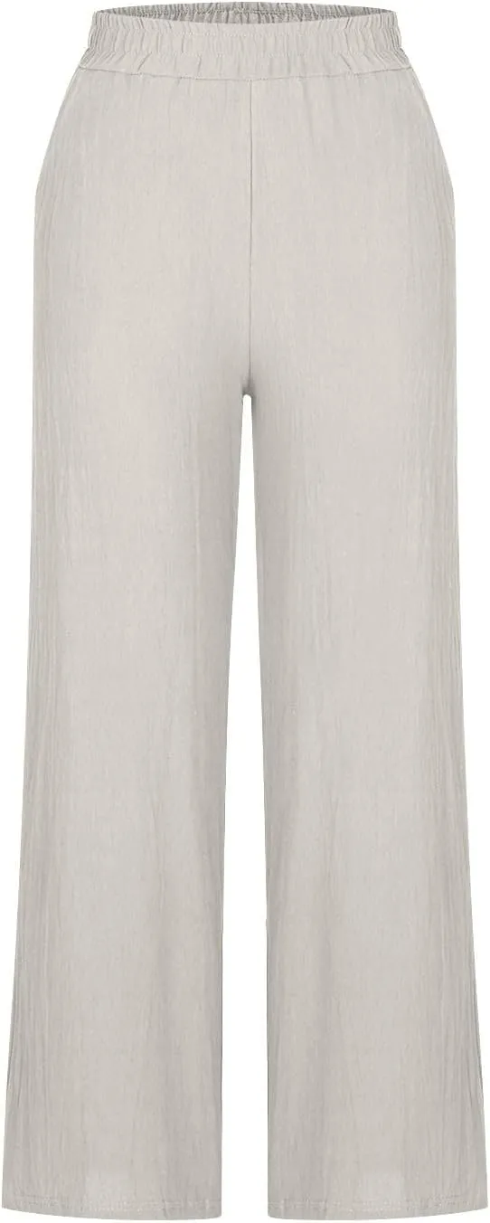 Cotton Linen Pants for Women Straight Wide Leg High Waist Trousers Pull-on Loose Casual Lounge Pants Solid Color 2025
