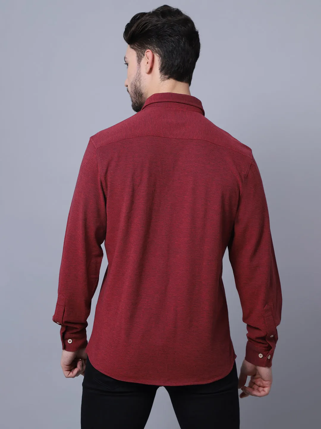 Cotton Self Design Maroon Full Sleeve Regular Fit Casual Shirt for Men with Pocket