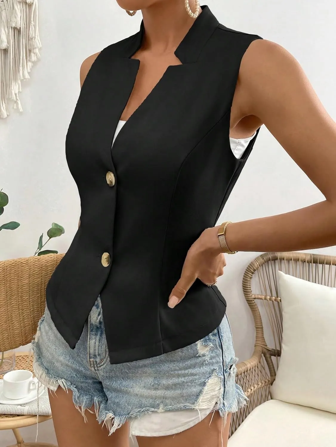 COZYEASE Women's Button Front Sleeveless Tank Top Solid Elegant Summer Blazer Outerwear