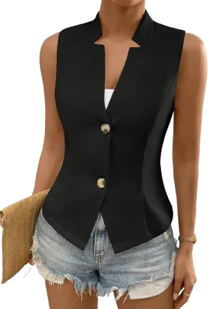 COZYEASE Women's Button Front Sleeveless Tank Top Solid Elegant Summer Blazer Outerwear