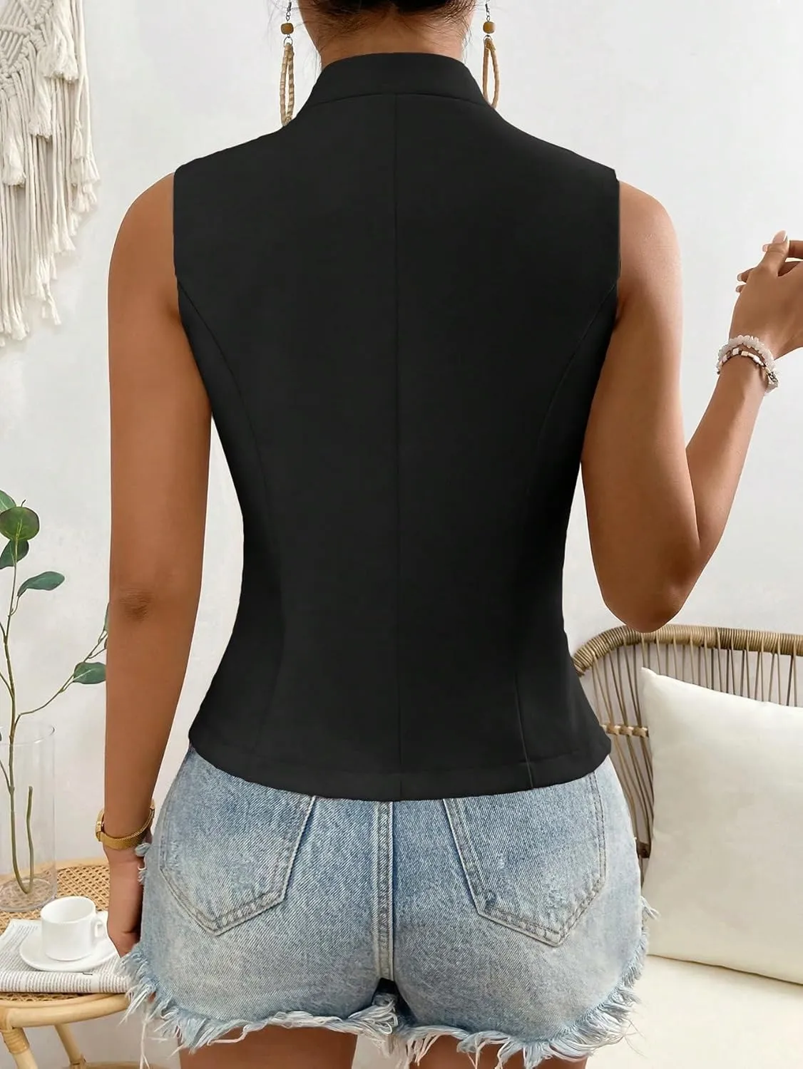 COZYEASE Women's Button Front Sleeveless Tank Top Solid Elegant Summer Blazer Outerwear