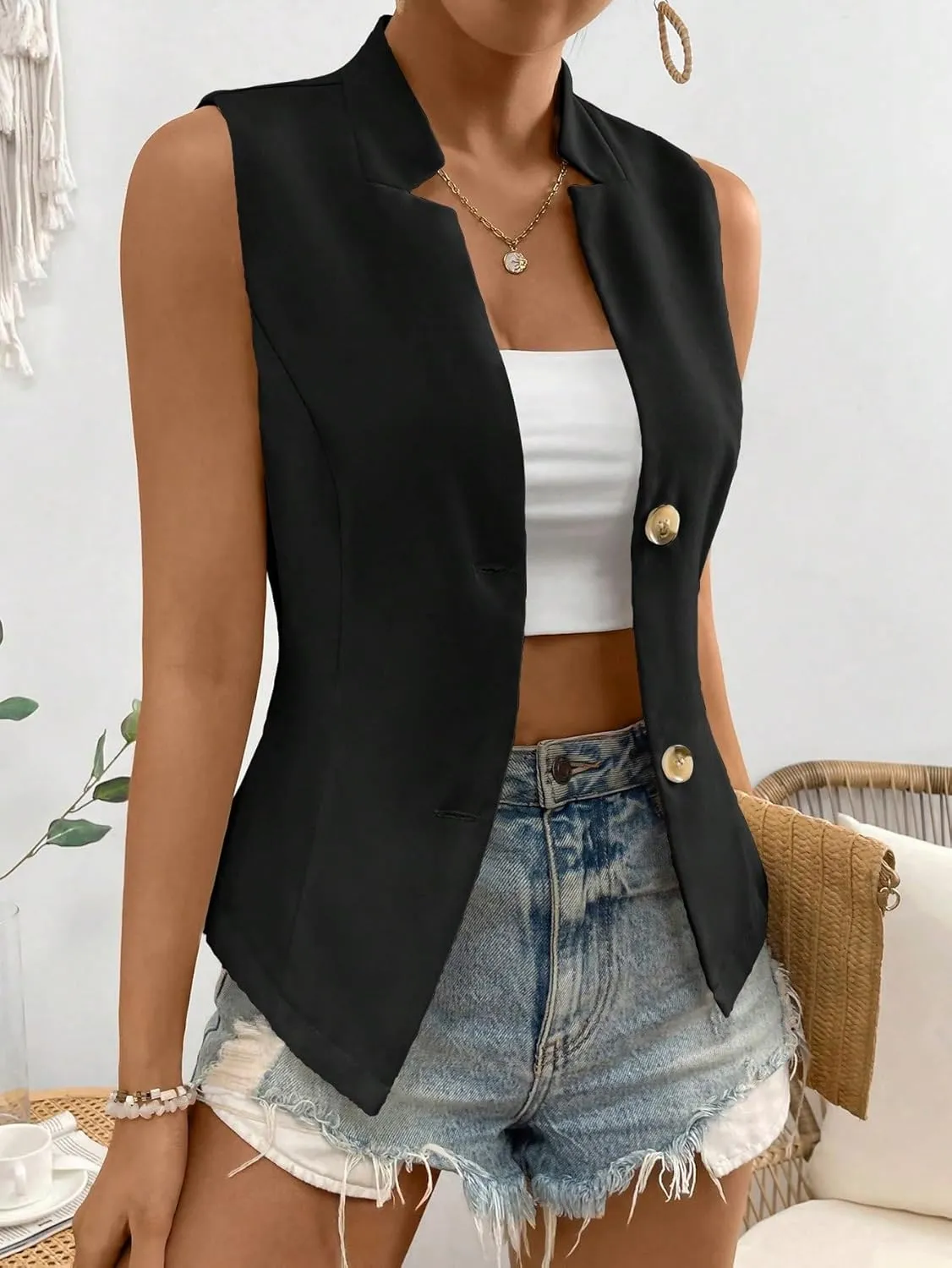 COZYEASE Women's Button Front Sleeveless Tank Top Solid Elegant Summer Blazer Outerwear