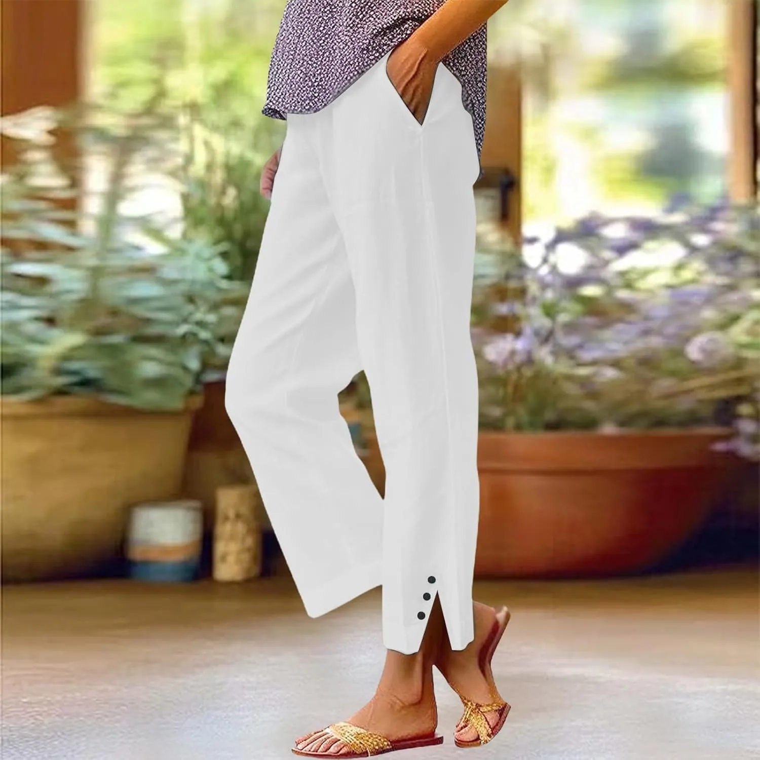 Cropped Linen Pants for Women Summer Elastic Waist Straight Leg Split Bottom Trousers Casual Beach Pants with Pockets