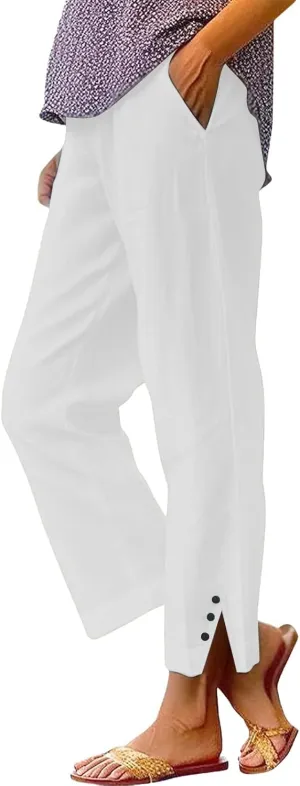 Cropped Linen Pants for Women Summer Elastic Waist Straight Leg Split Bottom Trousers Casual Beach Pants with Pockets
