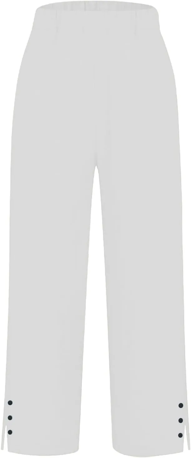 Cropped Linen Pants for Women Summer Elastic Waist Straight Leg Split Bottom Trousers Casual Beach Pants with Pockets