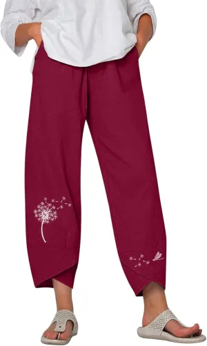 Cropped Pants for Women Boho Summer High Waist Capri Pants Dandelion Print Comfy Straight Leg Lounge Pant with Pockets