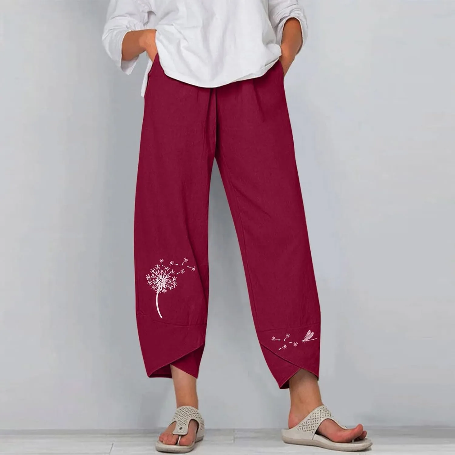 Cropped Pants for Women Boho Summer High Waist Capri Pants Dandelion Print Comfy Straight Leg Lounge Pant with Pockets