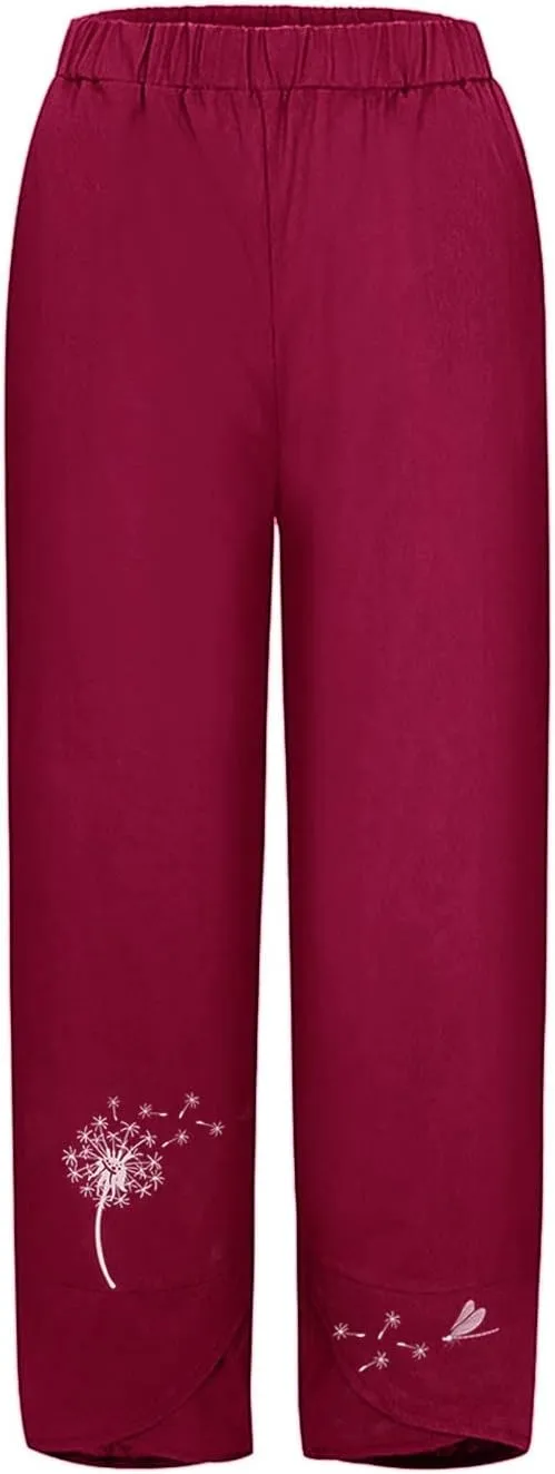 Cropped Pants for Women Boho Summer High Waist Capri Pants Dandelion Print Comfy Straight Leg Lounge Pant with Pockets