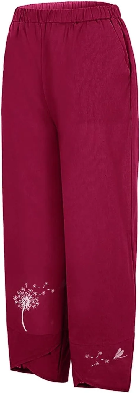 Cropped Pants for Women Boho Summer High Waist Capri Pants Dandelion Print Comfy Straight Leg Lounge Pant with Pockets
