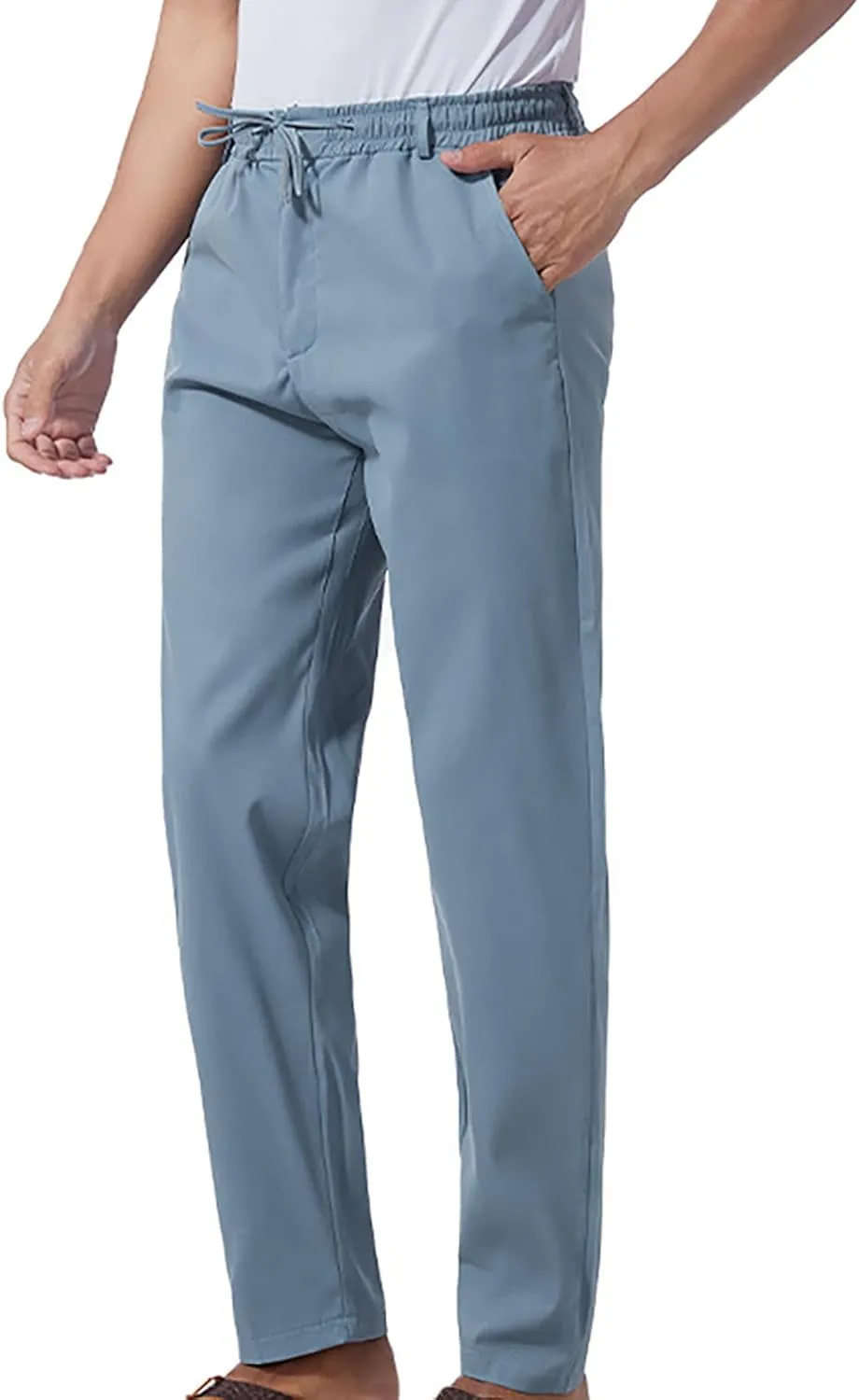 Ctreela Summer Fall Chino Pants Men Casual Drawstring Elastic Waist Daily Pants Lightweight Thin Slim-Fit Slacks Trousers