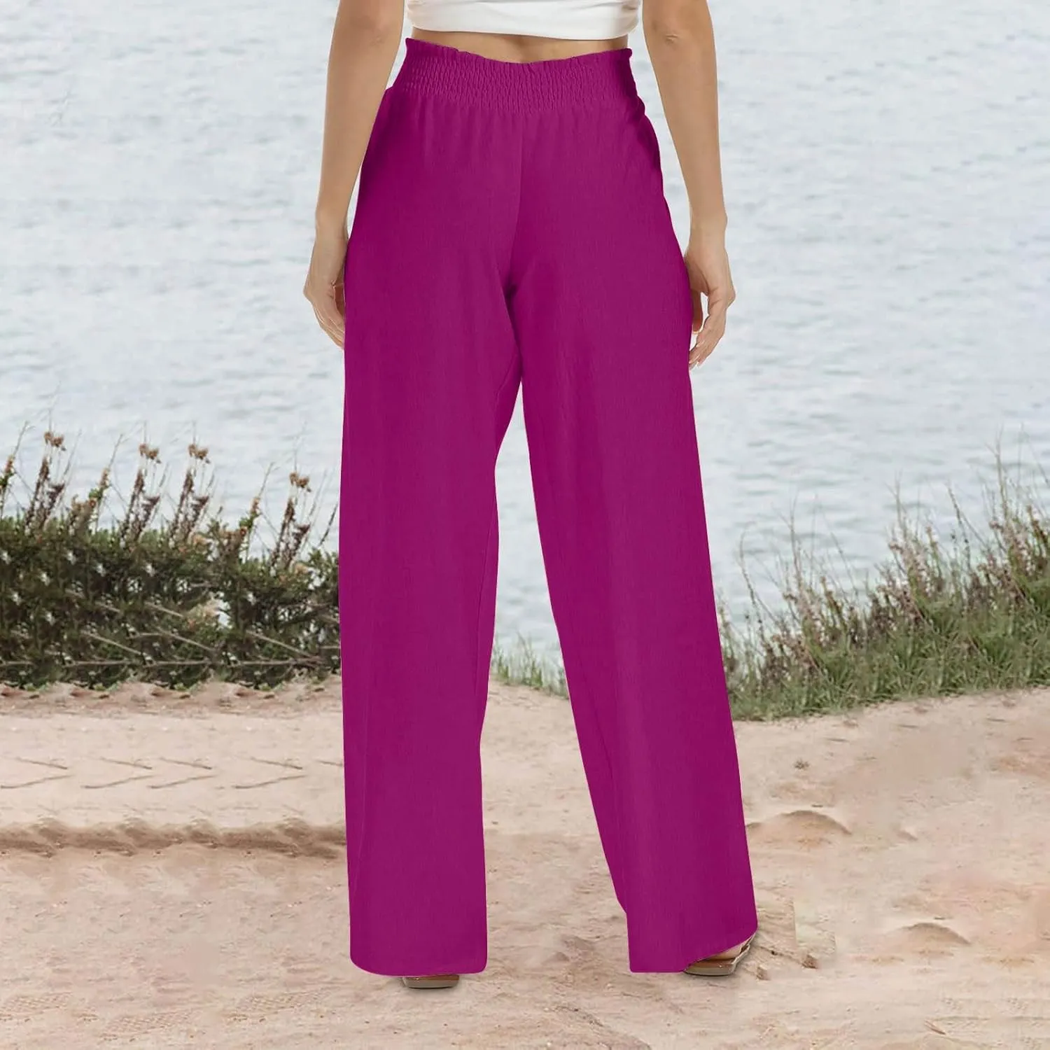 DASAYO Linen Pants Women Smocked High Waisted Palazzo Pants Flowy Suummer Trousers Casual Wide Leg Lounge Pants with Pockets