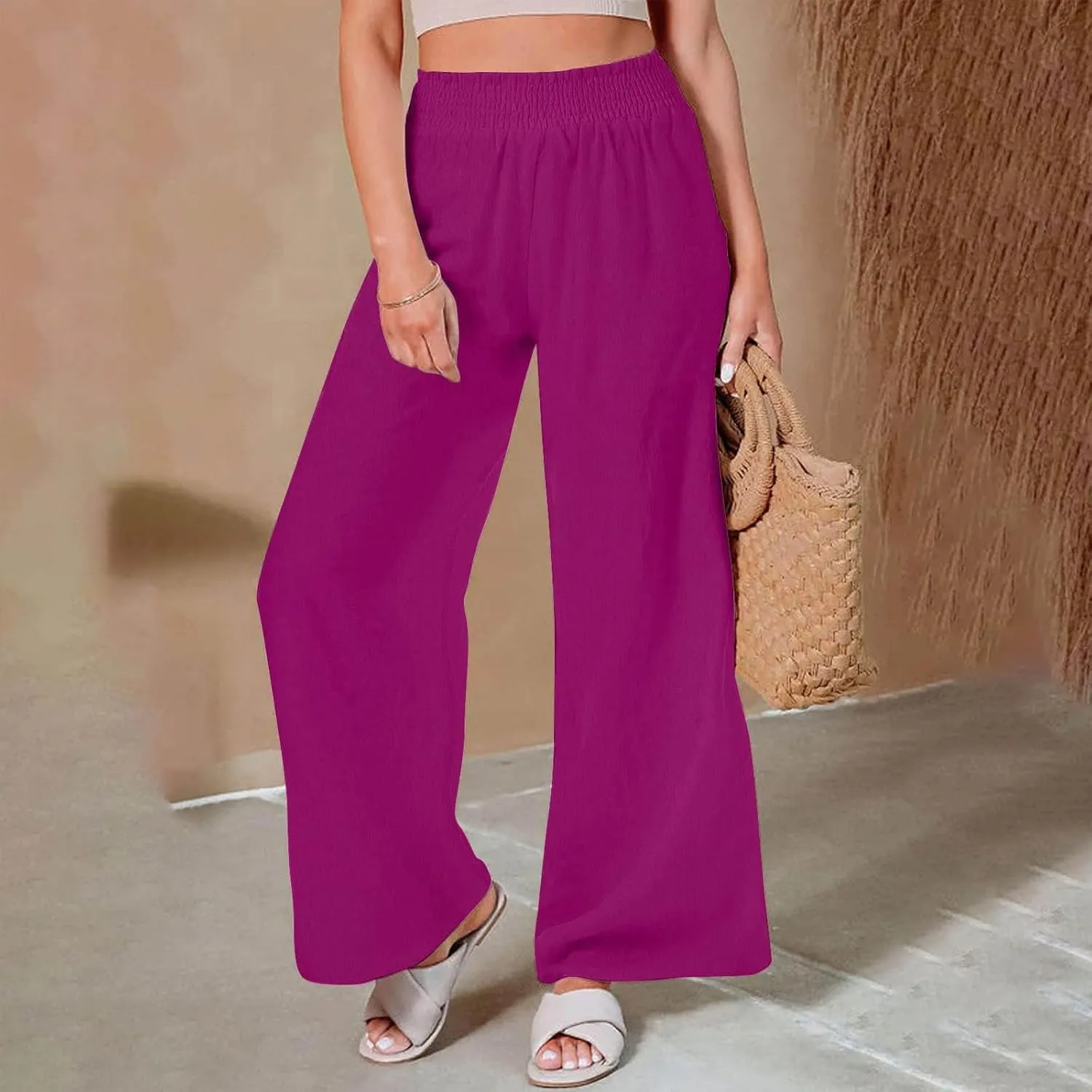 DASAYO Linen Pants Women Smocked High Waisted Palazzo Pants Flowy Suummer Trousers Casual Wide Leg Lounge Pants with Pockets