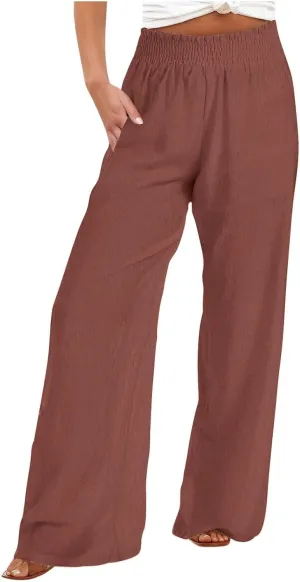 DASAYO Linen Pants Women Smocked High Waisted Palazzo Pants Flowy Suummer Trousers Casual Wide Leg Lounge Pants with Pockets