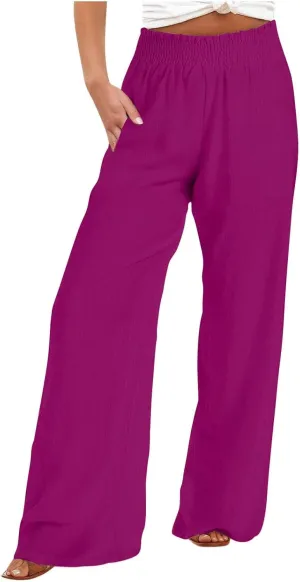 DASAYO Linen Pants Women Smocked High Waisted Palazzo Pants Flowy Suummer Trousers Casual Wide Leg Lounge Pants with Pockets