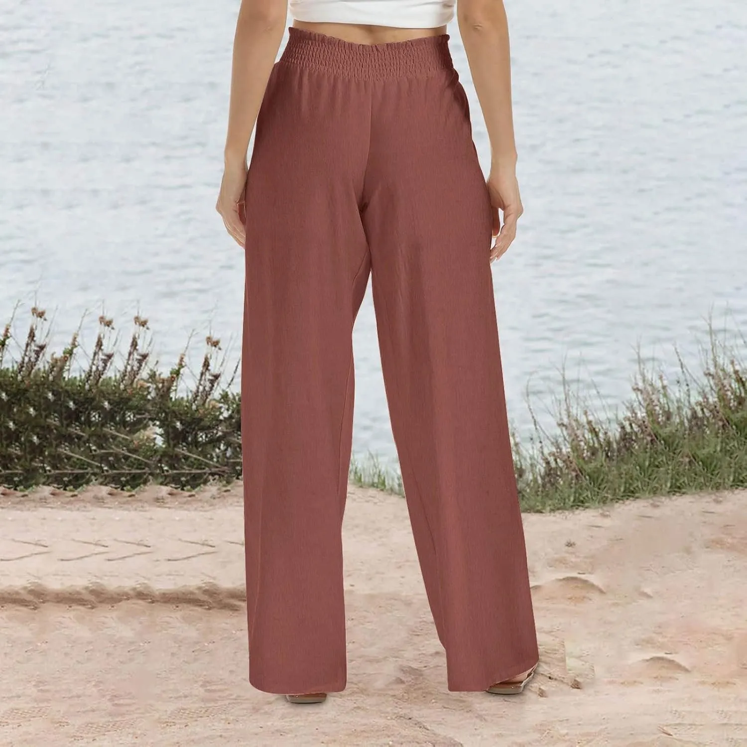 DASAYO Linen Pants Women Smocked High Waisted Palazzo Pants Flowy Suummer Trousers Casual Wide Leg Lounge Pants with Pockets