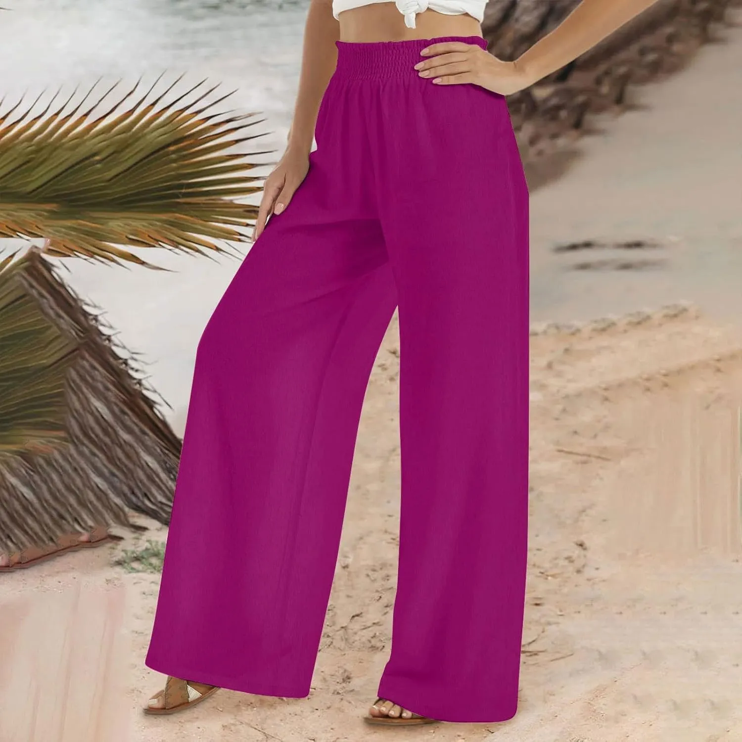 DASAYO Linen Pants Women Smocked High Waisted Palazzo Pants Flowy Suummer Trousers Casual Wide Leg Lounge Pants with Pockets