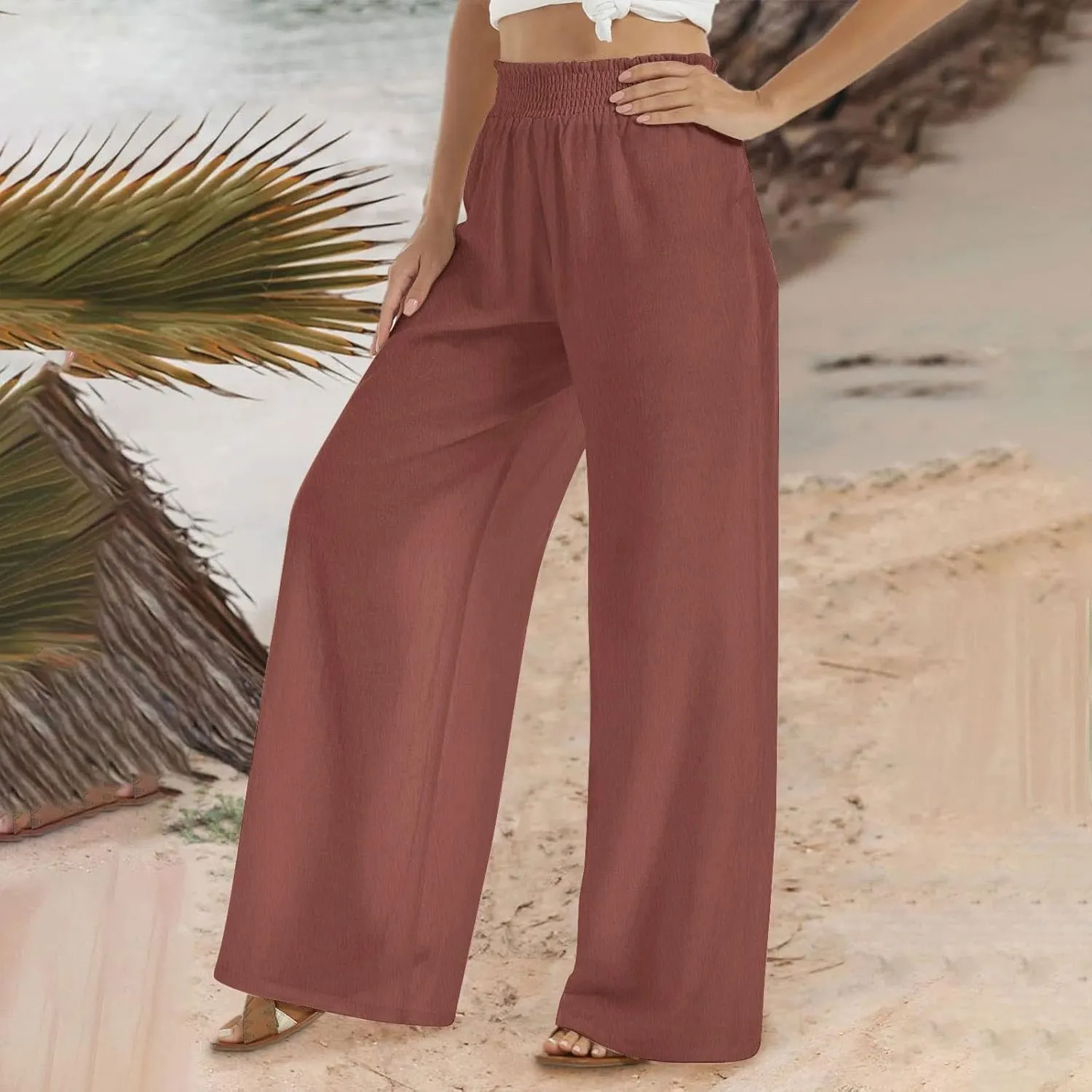 DASAYO Linen Pants Women Smocked High Waisted Palazzo Pants Flowy Suummer Trousers Casual Wide Leg Lounge Pants with Pockets