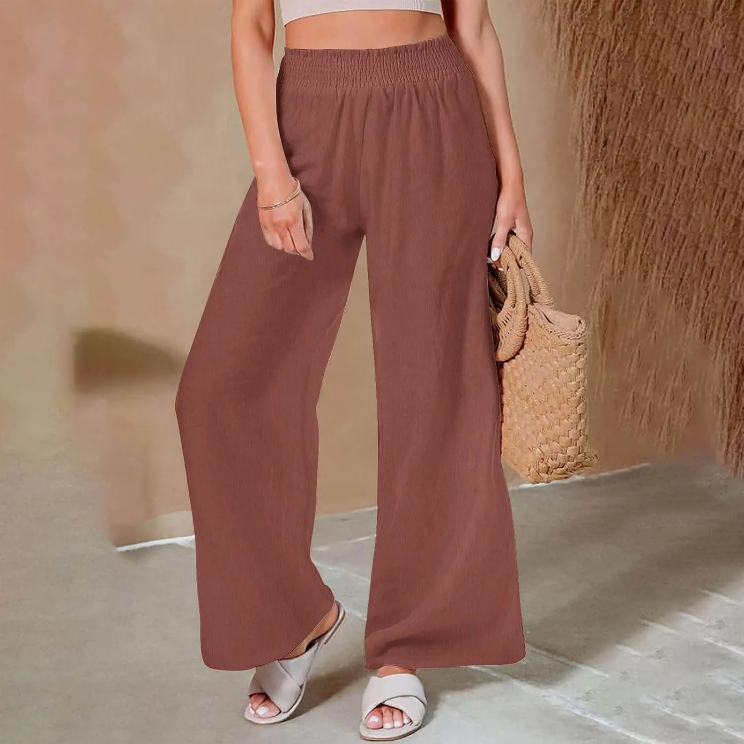DASAYO Linen Pants Women Smocked High Waisted Palazzo Pants Flowy Suummer Trousers Casual Wide Leg Lounge Pants with Pockets